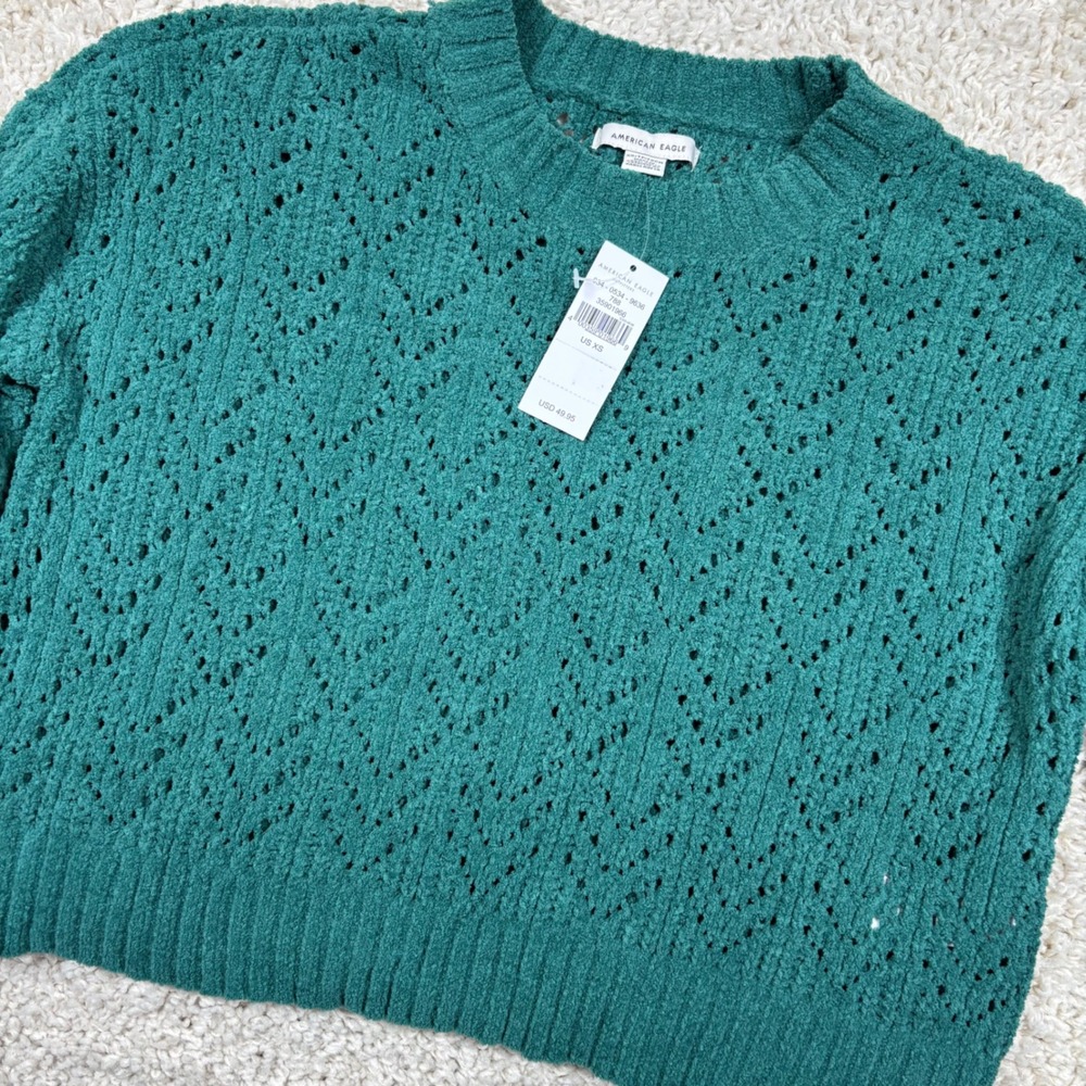American Eagle Sweater Women XS Green Pointelle Knit Chenille Crop Crewneck